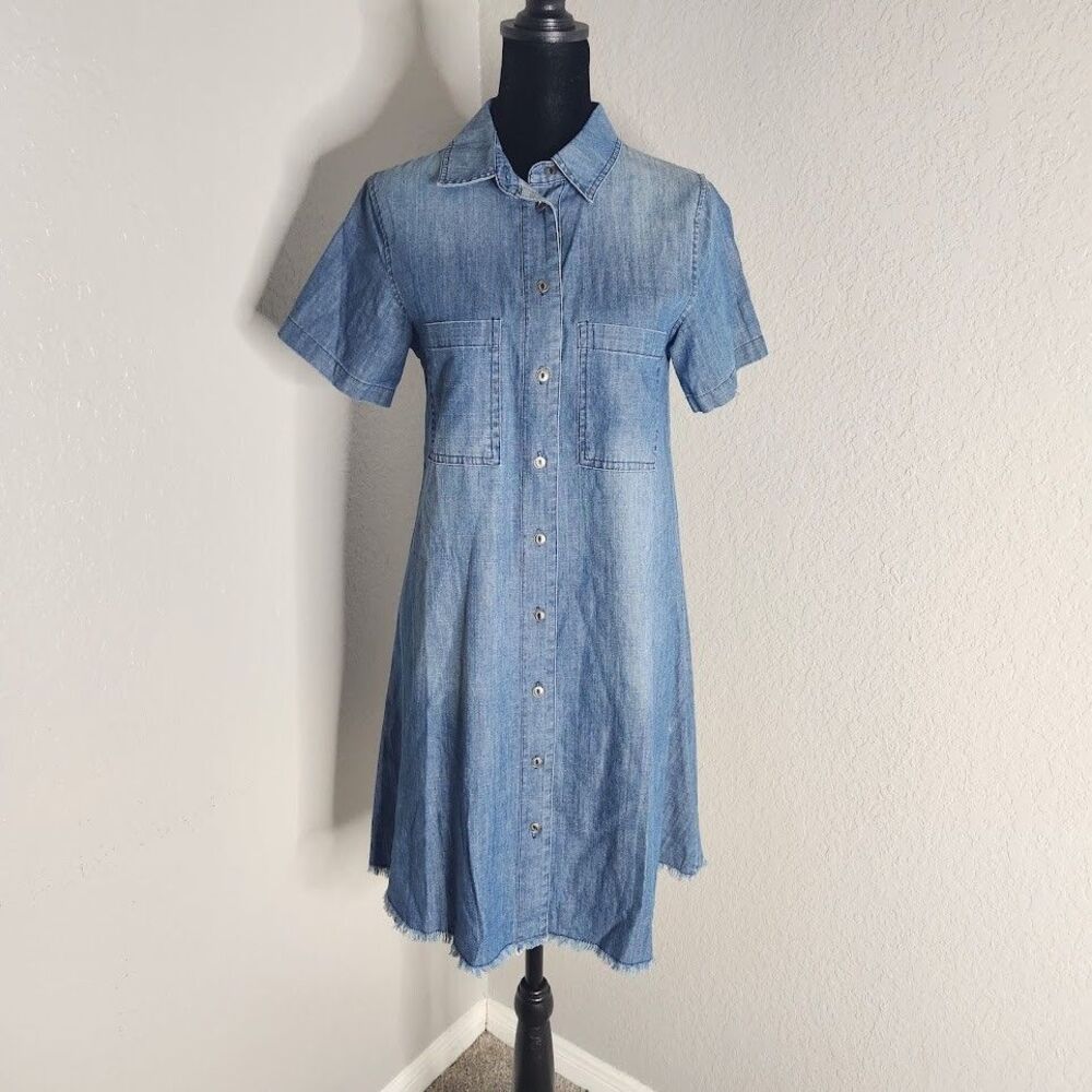 Chelsea & Violet Shirt Dress Women S Blue Denim Chambray Button Front Frayed Hem